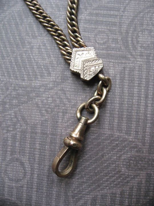 Victorian Watch Chain With Engraved Slider And Double Sided Moss Agate Fob Locket Victorian Watch Chain With Engraved Slider And Double Sided Moss Agate Fob Locket