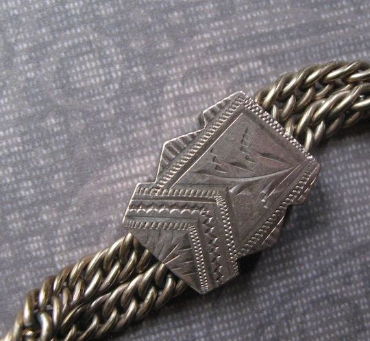 Victorian Watch Chain With Engraved Slider And Double Sided Moss Agate Fob Locket Victorian Watch Chain With Engraved Slider And Double Sided Moss Agate Fob Locket
