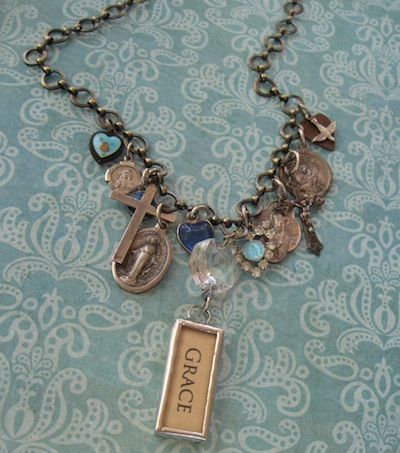 Vintage Artisan Faith Charm Necklace With Grace Pendant Vintage Artisan Faith Charm Necklace With Grace Pendant