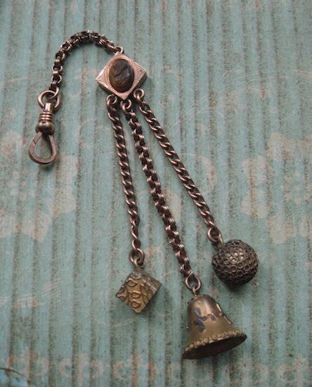 Victorian Fob With Tiger Eye Cameo and Dangling Etruscan Charm Trio Victorian Fob With Tiger Eye Cameo and Dangling Etruscan Charm Trio