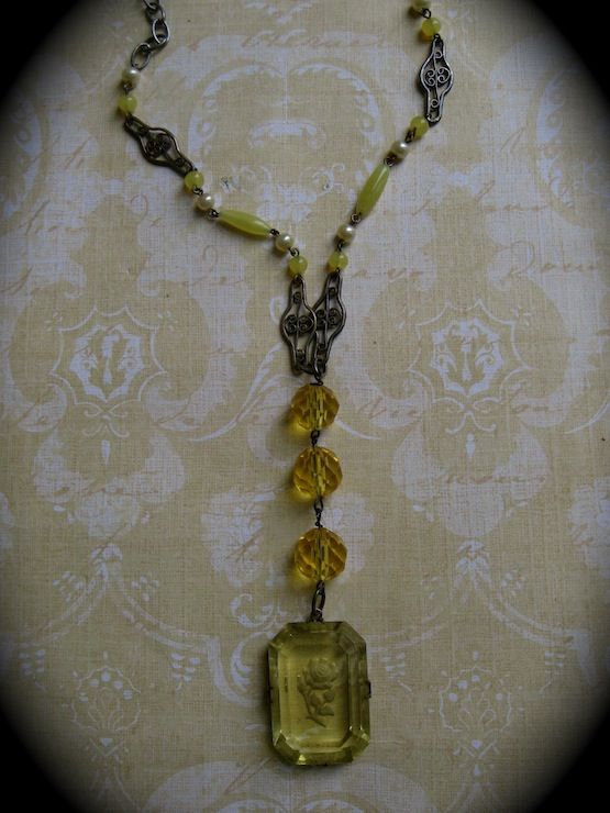 Czech Intaglio Rose Yellow Crystal Pendant Necklace With Satin Glass Accents Czech Intaglio Rose Yellow Crystal Pendant Necklace With Satin Glass Accents