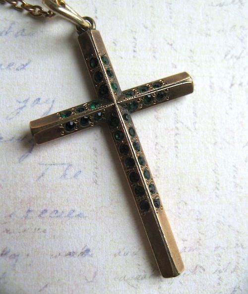 Gold Filled Cross With Emerald Green Rhinestones Gold Filled Cross With Emerald Green Rhinestones