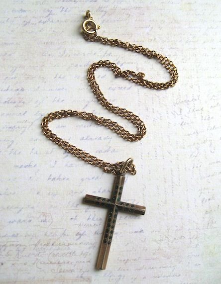 Gold Filled Cross With Emerald Green Rhinestones Gold Filled Cross With Emerald Green Rhinestones