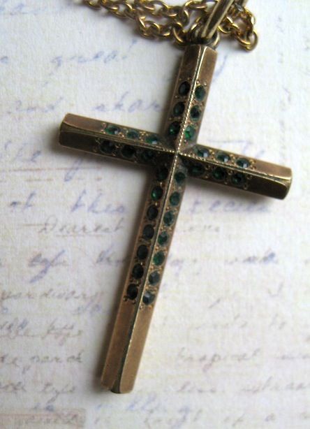 Gold Filled Cross With Emerald Green Rhinestones Gold Filled Cross With Emerald Green Rhinestones