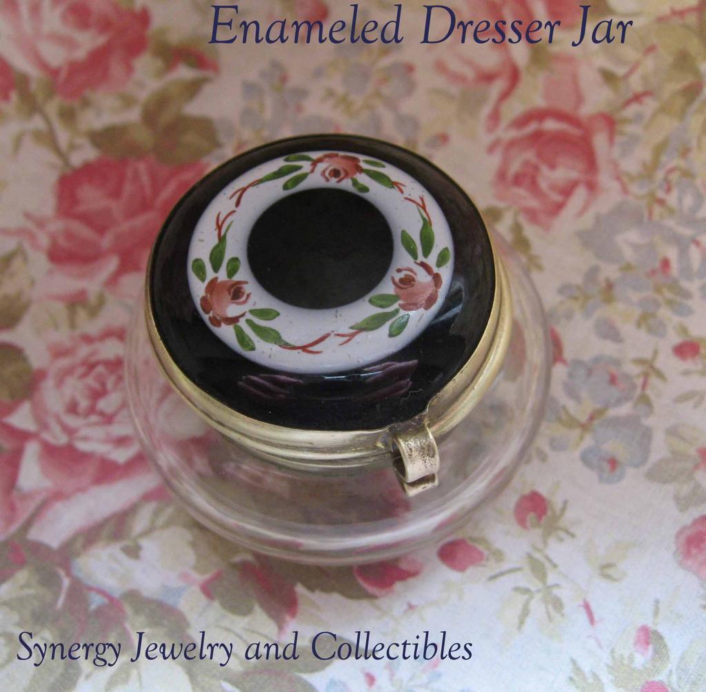 Victorian Enameled Dresser Jar in Black With Roses Victorian Enameled Dresser Jar in Black With Roses