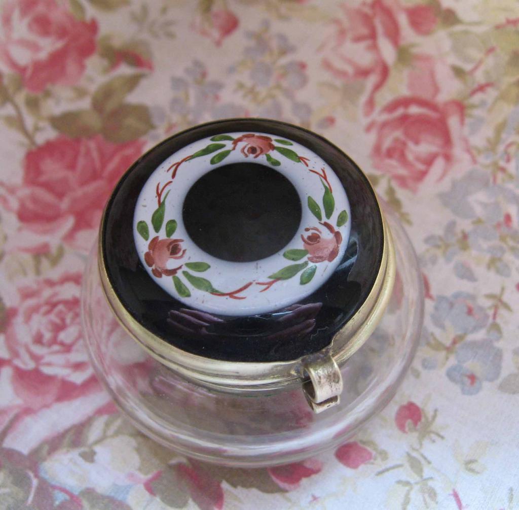 Victorian Enameled Dresser Jar in Black With Roses Victorian Enameled Dresser Jar in Black With Roses