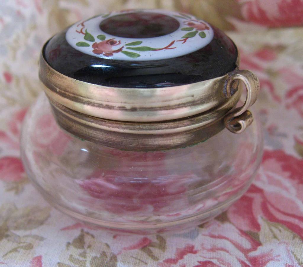 Victorian Enameled Dresser Jar in Black With Roses Victorian Enameled Dresser Jar in Black With Roses