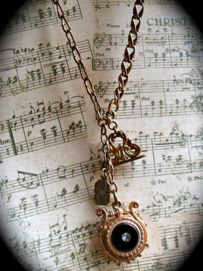 Victorian Fob Trio Charm Necklace With Antique Watch Chain Victorian Fob Trio Charm Necklace With Antique Watch Chain