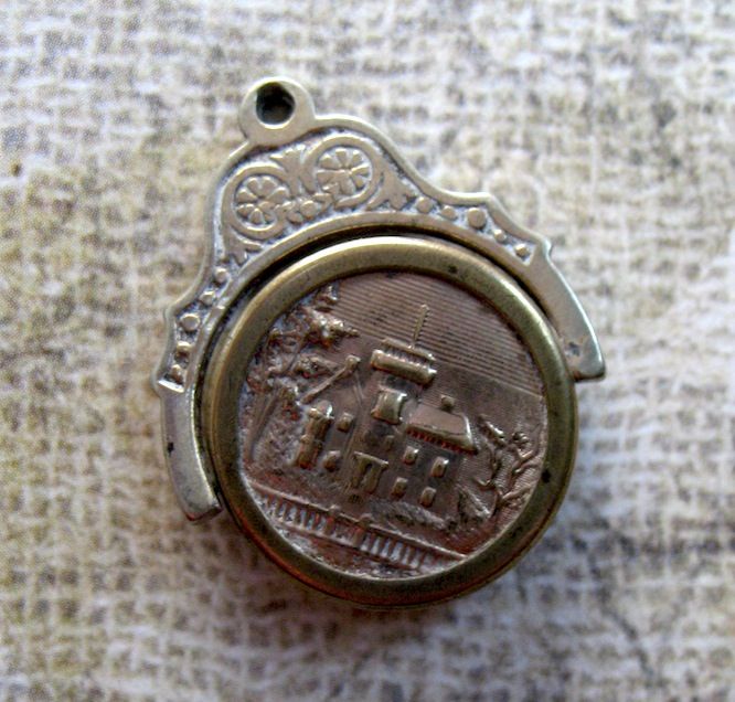 Victorian Double Sided Swivel Fob Charm With House Motif/Agate Victorian Double Sided Swivel Fob Charm With House Motif/Agate