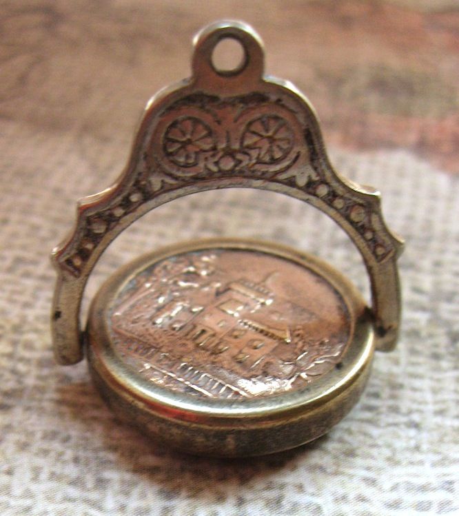 Victorian Double Sided Swivel Fob Charm With House Motif/Agate Victorian Double Sided Swivel Fob Charm With House Motif/Agate