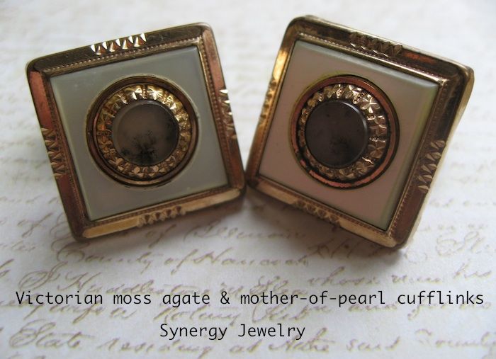 Victorian Mother of Pearl With Moss Agate Hallmarked Cufflinks Victorian Mother of Pearl With Moss Agate Hallmarked Cufflinks