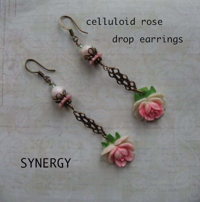 Artisan Vintage Celluloid Rose Drop Earrings Artisan Vintage Celluloid Rose Drop Earrings