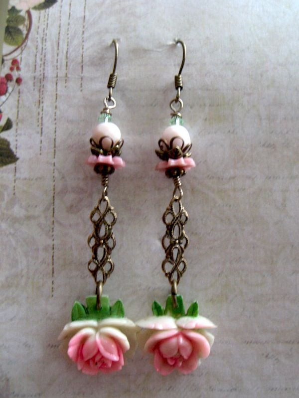 Artisan Vintage Celluloid Rose Drop Earrings Artisan Vintage Celluloid Rose Drop Earrings