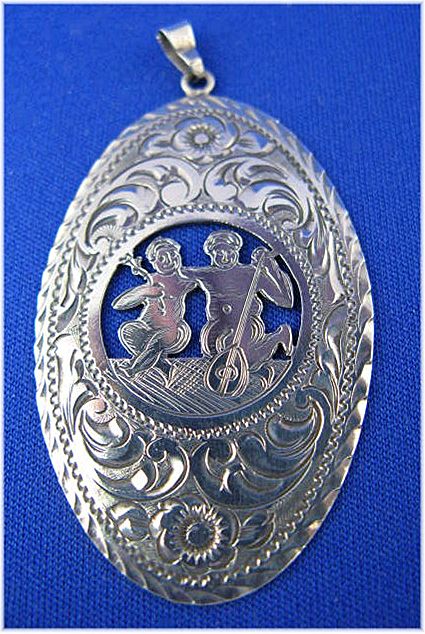 Large Vintage Engraved Open Work Happy Couple 800 Silver Pendant Large Vintage Engraved Open Work Happy Couple 800 Silver Pendant