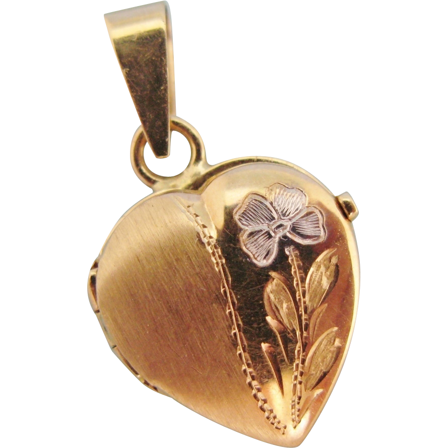Italian 14K Yellow  White Gold Engraved Flower Heart Locket Pendant