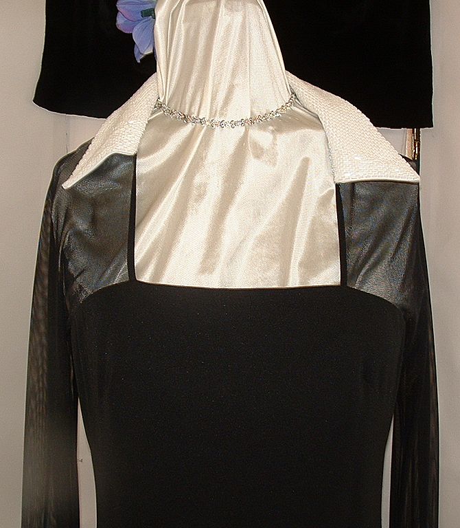 1980's Evening Gown Black w/White Beaded Collar & Cuffs 1980's Evening Gown Black w/White Beaded Collar & Cuffs