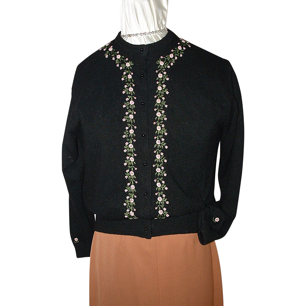 Black Sweater w/Embroidered Flowers & Leaves Black Sweater w/Embroidered Flowers & Leaves