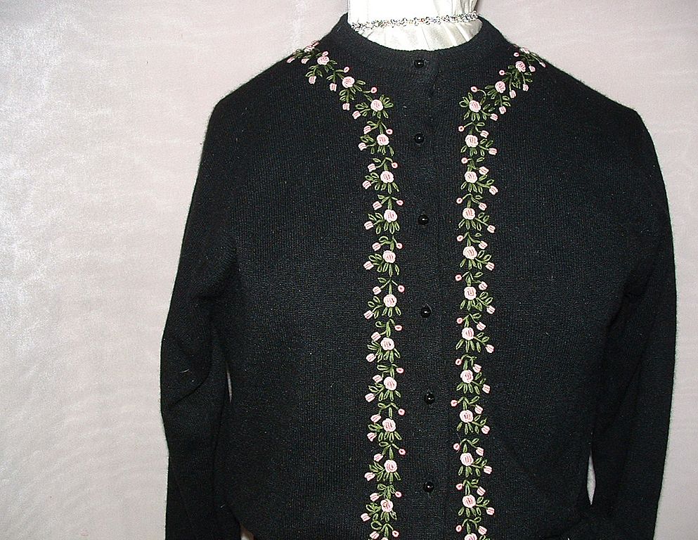 Black Sweater w/Embroidered Flowers & Leaves Black Sweater w/Embroidered Flowers & Leaves