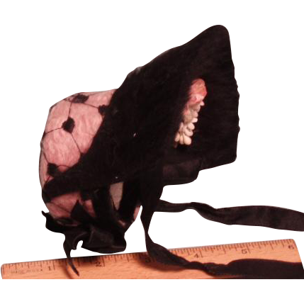 Antique Pink and Black Doll Hat Flower Filled Brim Rabbit Fur Felt Antique Pink and Black Doll Hat Flower Filled Brim Rabbit Fur Felt