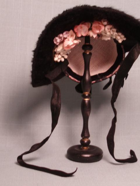 Antique Pink and Black Doll Hat Flower Filled Brim Rabbit Fur Felt Antique Pink and Black Doll Hat Flower Filled Brim Rabbit Fur Felt