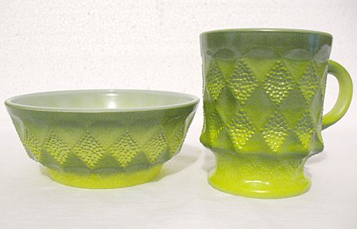 Vintage collectible three breakfast sets of Anchor Hocking Fire King green bowls and cups of the Kimberley pattern from the 1950-60s. Vintage collectible three breakfast sets of Anchor Hocking Fire King green bowls and cups of the Kimberley pattern from the 1950-60s.
