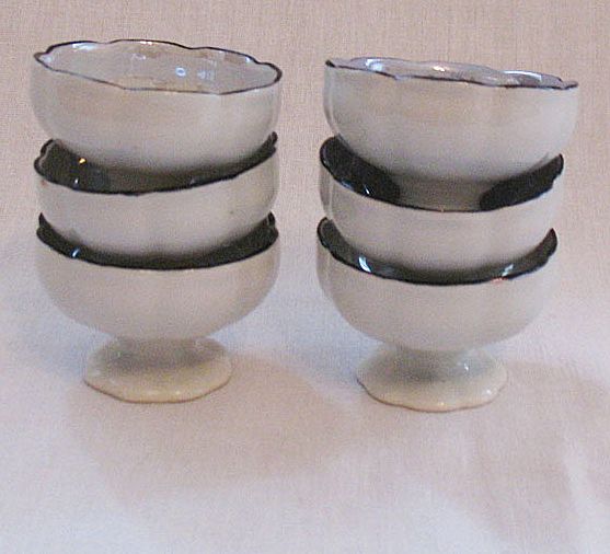 Vintage Collectible (6) Footed Ceramic Salt Cellars With Iridescent Color On Inside With Black Enamel Paint On Rim Made In Germany 1930s Mint Vintage Collectible (6) Footed Ceramic Salt Cellars With Iridescent Color On Inside With Black Enamel Paint On Rim Made In Germany 1930s Mint