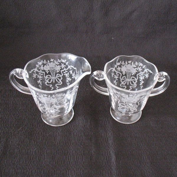 Vintage Fostoria Sugar & Creamer Corsage Etching Mint 1935-60 Vintage Fostoria Sugar & Creamer Corsage Etching Mint 1935-60