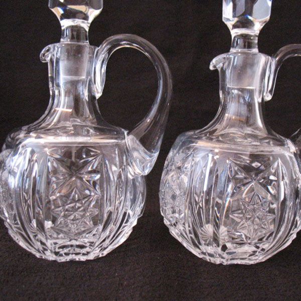 Vintage Collectible Crystal Cruets With Glass Stoppers Hobstar Cut from