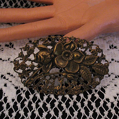 Gorgeous Antique Brass Brooch/Sash Pin Art Nouveau Rose & Dogwood Flowers Gorgeous Antique Brass Brooch/Sash Pin Art Nouveau Rose & Dogwood Flowers