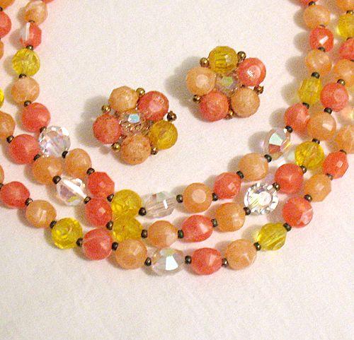 Rare Vintage Signed Lisner Necklace & Earrings Set Triple Strand Glass & Plastic Beads Rare Vintage Signed Lisner Necklace & Earrings Set Triple Strand Glass & Plastic Beads