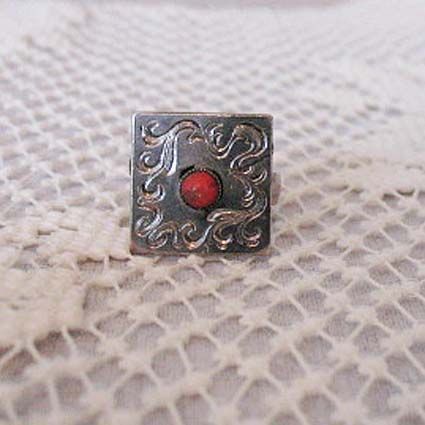 Fun Vintage Fashion Statement Ring Silver Etched Glass Coral Fun Vintage Fashion Statement Ring Silver Etched Glass Coral