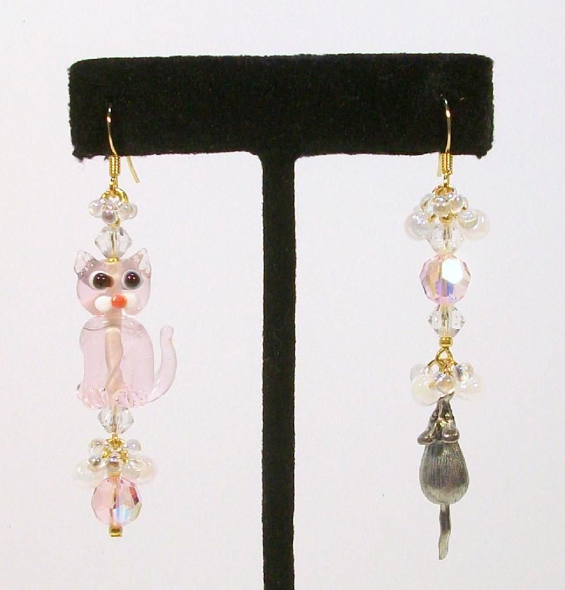 CAT & MOUSE in Pink......Asymmetrical Earrings CAT & MOUSE in Pink......Asymmetrical Earrings