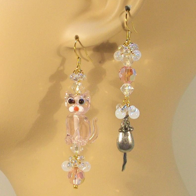 CAT & MOUSE in Pink......Asymmetrical Earrings CAT & MOUSE in Pink......Asymmetrical Earrings