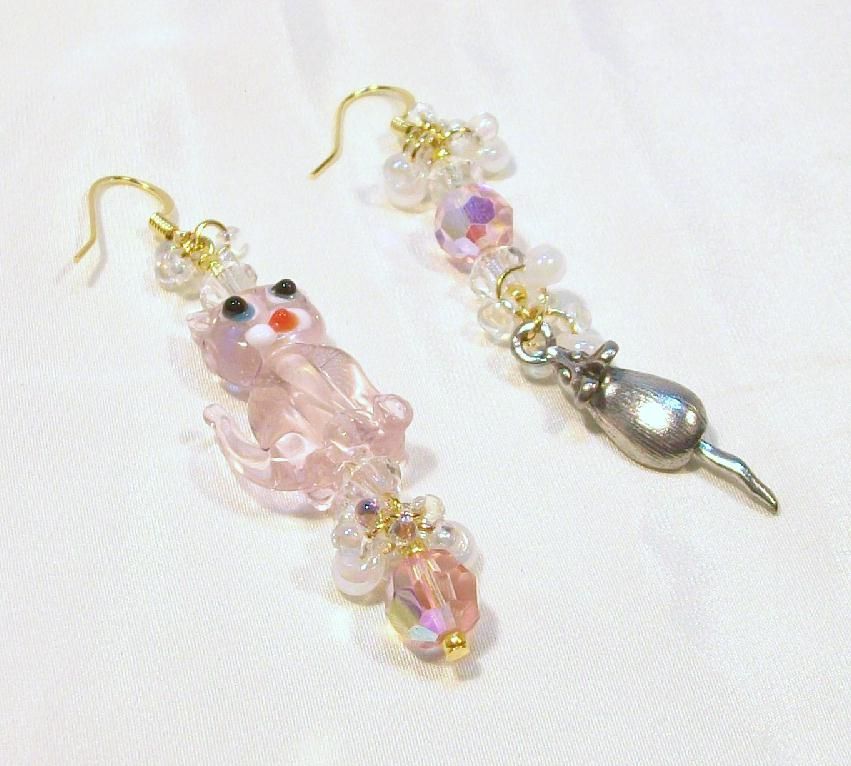 CAT & MOUSE in Pink......Asymmetrical Earrings CAT & MOUSE in Pink......Asymmetrical Earrings