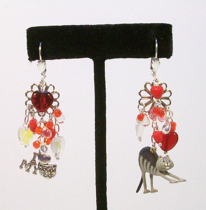I LOVE MY CAT with Red Hearts ..........Asymmetrical Earrings I LOVE MY CAT with Red Hearts ..........Asymmetrical Earrings