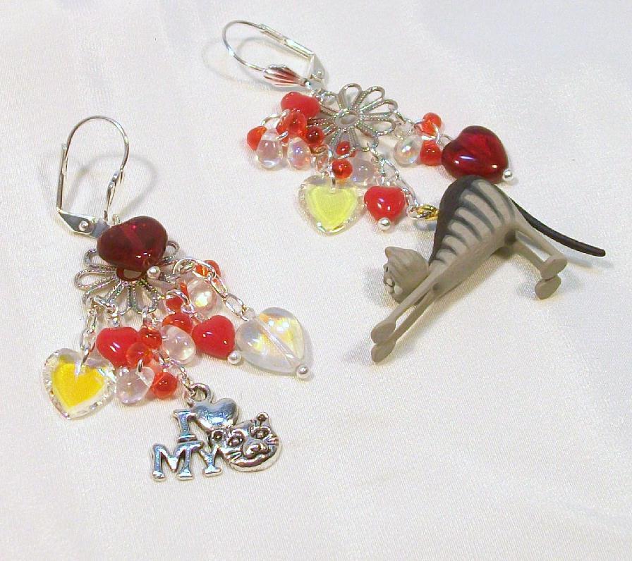 I LOVE MY CAT with Red Hearts ..........Asymmetrical Earrings I LOVE MY CAT with Red Hearts ..........Asymmetrical Earrings