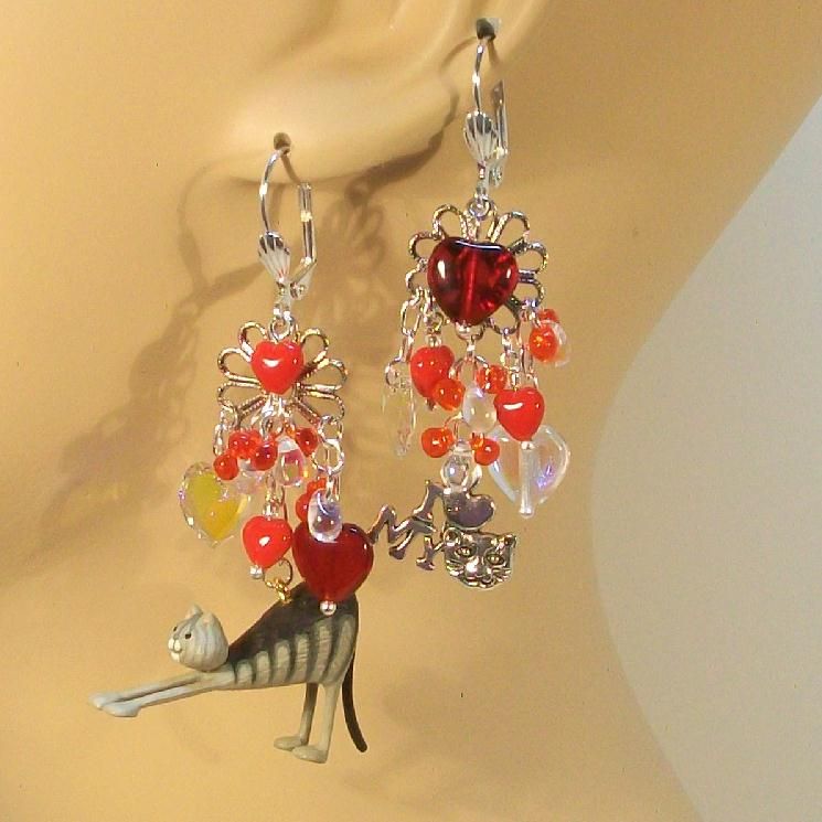 I LOVE MY CAT with Red Hearts ..........Asymmetrical Earrings I LOVE MY CAT with Red Hearts ..........Asymmetrical Earrings