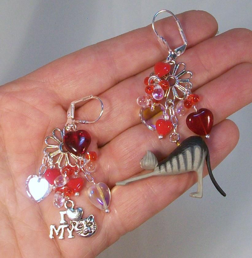 I LOVE MY CAT with Red Hearts ..........Asymmetrical Earrings I LOVE MY CAT with Red Hearts ..........Asymmetrical Earrings