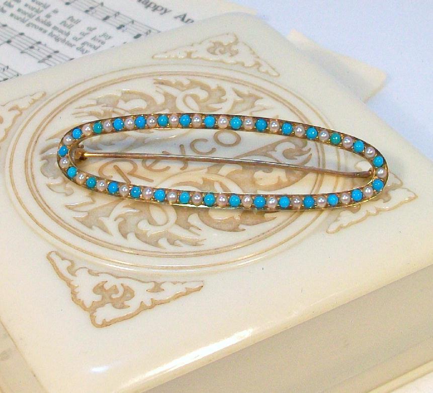 10kt Yellow Gold Pin Brooch with tiny Seed Pearls and Blue Turquoise 10kt Yellow Gold Pin Brooch with tiny Seed Pearls and Blue Turquoise