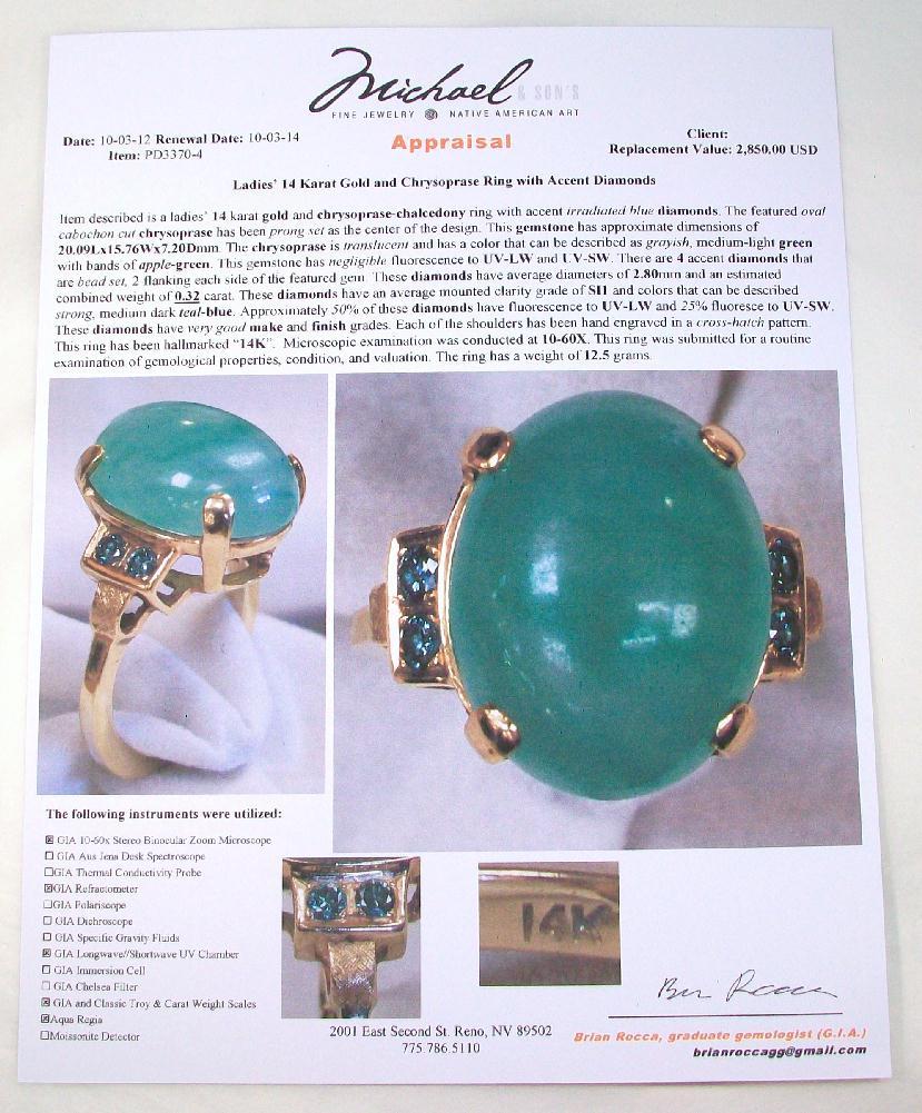 14 Karat GOLD & Chrysoprase Ring w/ TEAL-BLUE Accent Diamonds w/ written Appraisal of $2,850 14 Karat GOLD & Chrysoprase Ring w/ TEAL-BLUE Accent Diamonds w/ written Appraisal of $2,850
