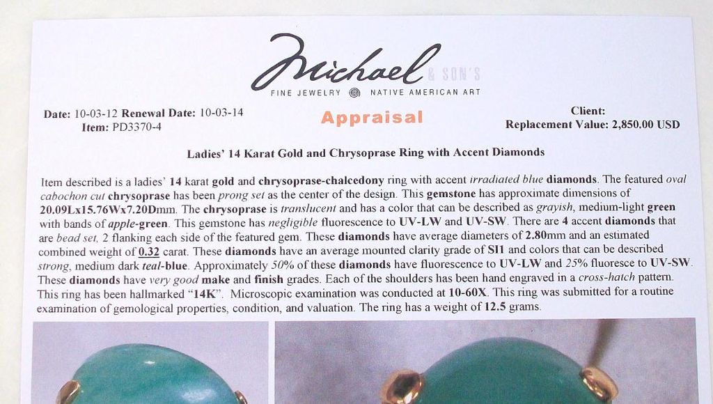 14 Karat GOLD & Chrysoprase Ring w/ TEAL-BLUE Accent Diamonds w/ written Appraisal of $2,850 14 Karat GOLD & Chrysoprase Ring w/ TEAL-BLUE Accent Diamonds w/ written Appraisal of $2,850