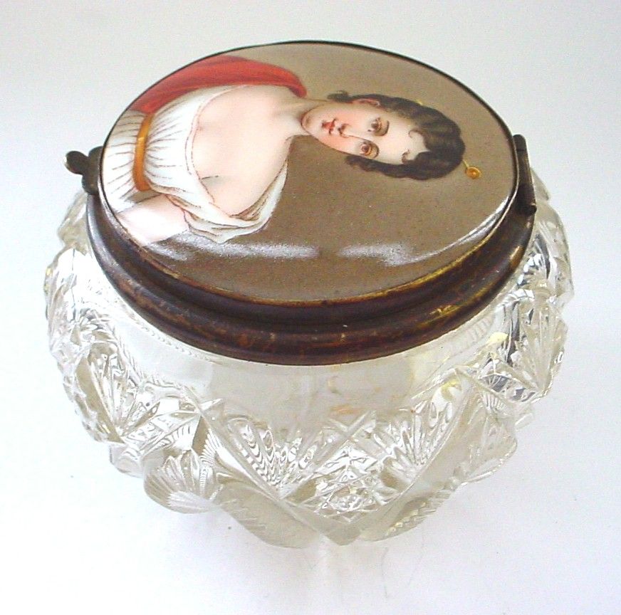 Antique Handpainted Miniature Portrait Madame Recamier Topped Hinged Lidded Cut Crystal Dresser Jar Antique Handpainted Miniature Portrait Madame Recamier Topped Hinged Lidded Cut Crystal Dresser Jar
