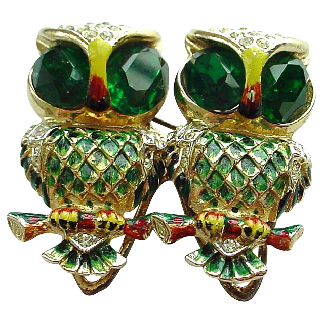 Coro Sterling Owl Duette Pin in Green Coro Sterling Owl Duette Pin in Green