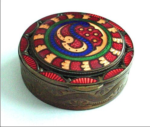 Unusual Enamel and Guilloche on Bronze Patch Box, Compact, Vanity Box, Objet de Virtu Unusual Enamel and Guilloche on Bronze Patch Box, Compact, Vanity Box, Objet de Virtu