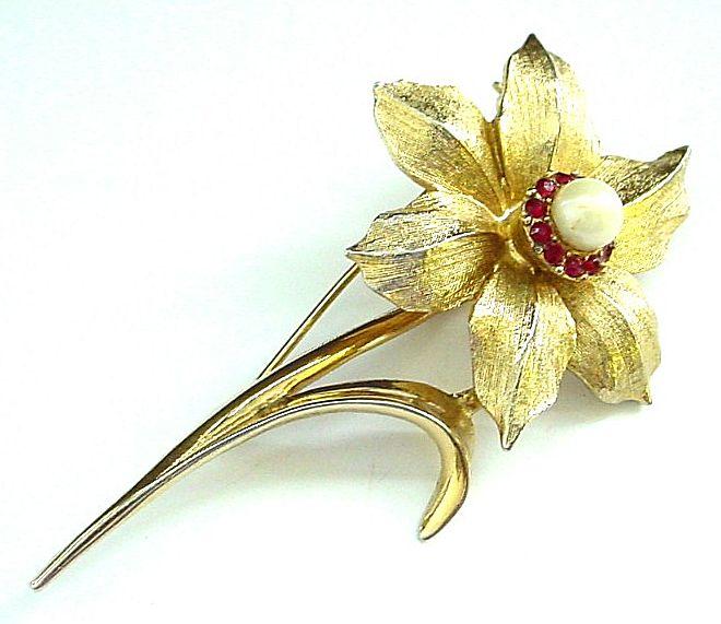 Marcel Boucher Narcissus Pin Brooch with Faux Pearl and Rubies Marcel Boucher Narcissus Pin Brooch with Faux Pearl and Rubies