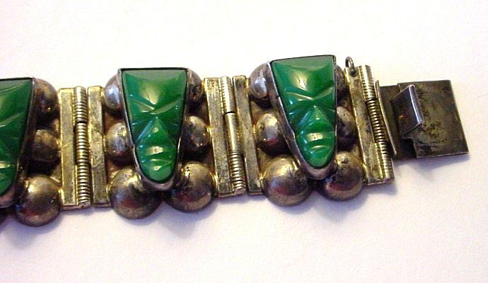 Old Large and Heavy Sterling Silver and Chrysophase Bracelet Old Large and Heavy Sterling Silver and Chrysophase Bracelet