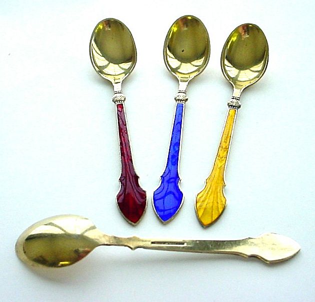 4 Multicolor Enamel on Gilt Sterling Silver Guilloche Spoons 4 Multicolor Enamel on Gilt Sterling Silver Guilloche Spoons