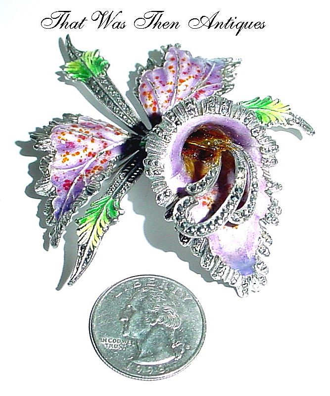 Huge Cattleya Orchid Enamel on Silver Pin Brooch Huge Cattleya Orchid Enamel on Silver Pin Brooch