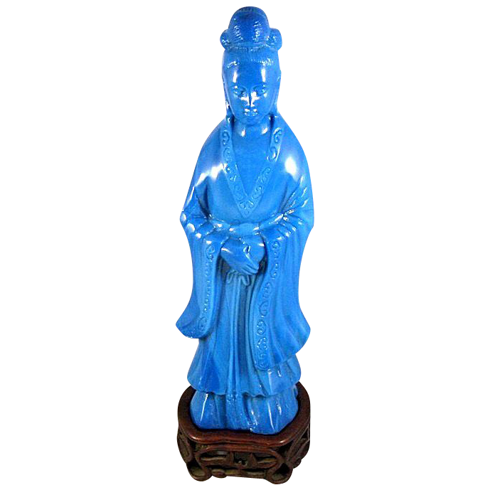Antique Chinese Peking Glass Figure of Qwan Yin Goddess of Mercy French Blue with Cross Antique Chinese Peking Glass Figure of Qwan Yin Goddess of Mercy French Blue with Cross
