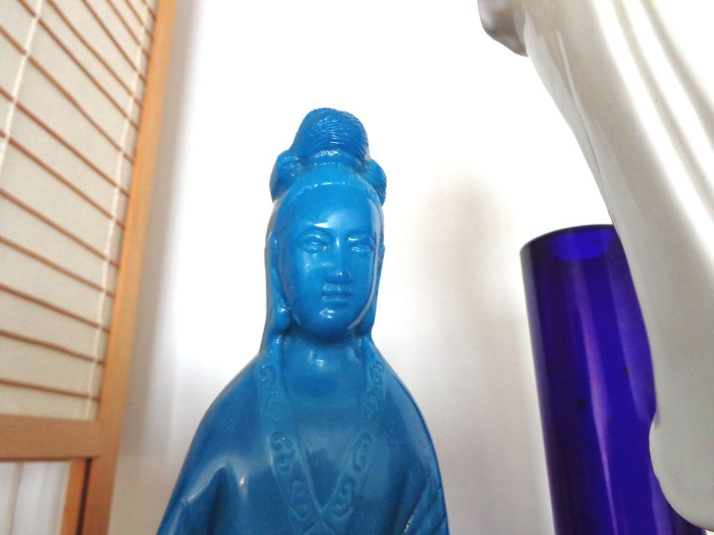 Antique Chinese Peking Glass Figure of Qwan Yin Goddess of Mercy French Blue with Cross Antique Chinese Peking Glass Figure of Qwan Yin Goddess of Mercy French Blue with Cross